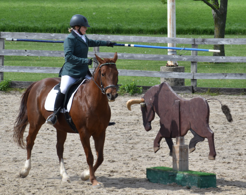 woman riding horse and spearing a ring off an obstacle that looks like a bull